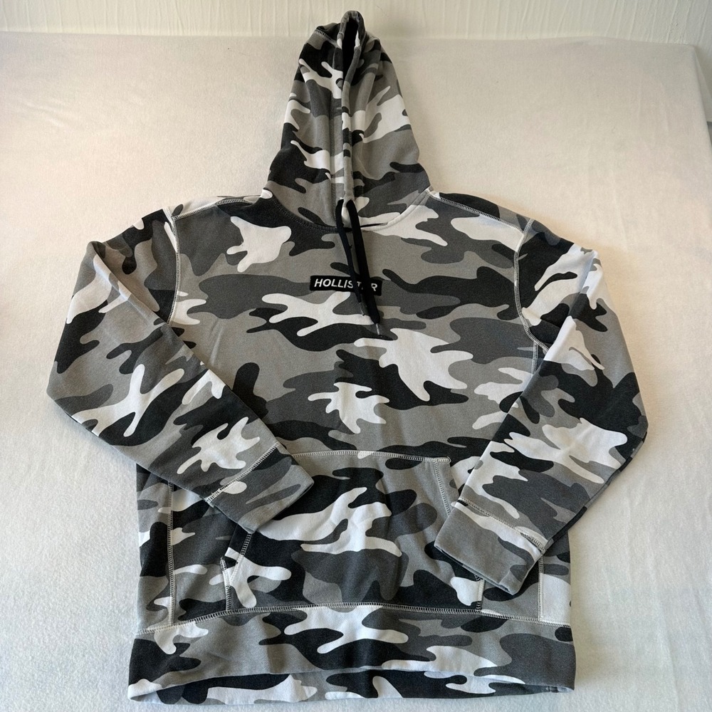 Hollister Mens Camo Hoodie Grey Black White Camouflage Logo Sweatshirt Large